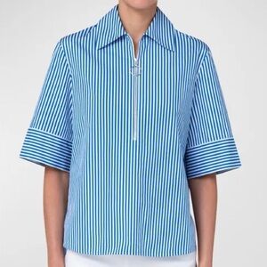 Akris Punto Blue & Stripe Half-Zip Blouse Size 18